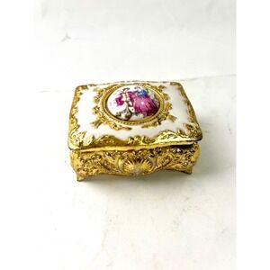 Vintage Gold Tone Ornate Trinket Box Porcelain Courting Couple Red Velvet Lining
